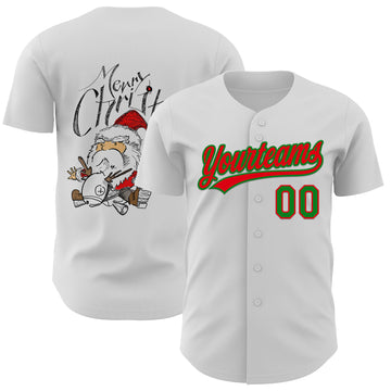 Custom White Fire Red-Grass Green 3D Funny Christmas Authentic Baseball Jersey