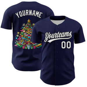 Custom Navy White-Black 3D Funny Christmas Authentic Baseball Jersey