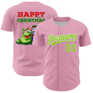 Custom Light Pink Neon Green Red-Kelly Green 3D Funny Christmas Authentic Baseball Jersey