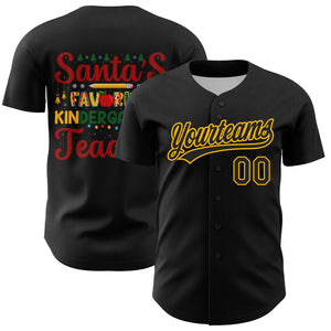 Custom Black Gold Kelly Green-Red 3D Funny Christmas Authentic Baseball Jersey