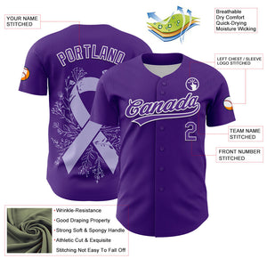 Custom Purple White 3D Gastric Cancer Ribbon Authentic Baseball Jersey