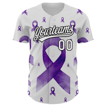 Custom White Purple-Black 3D Gynecological Cancer Ribbon Authentic Baseball Jersey