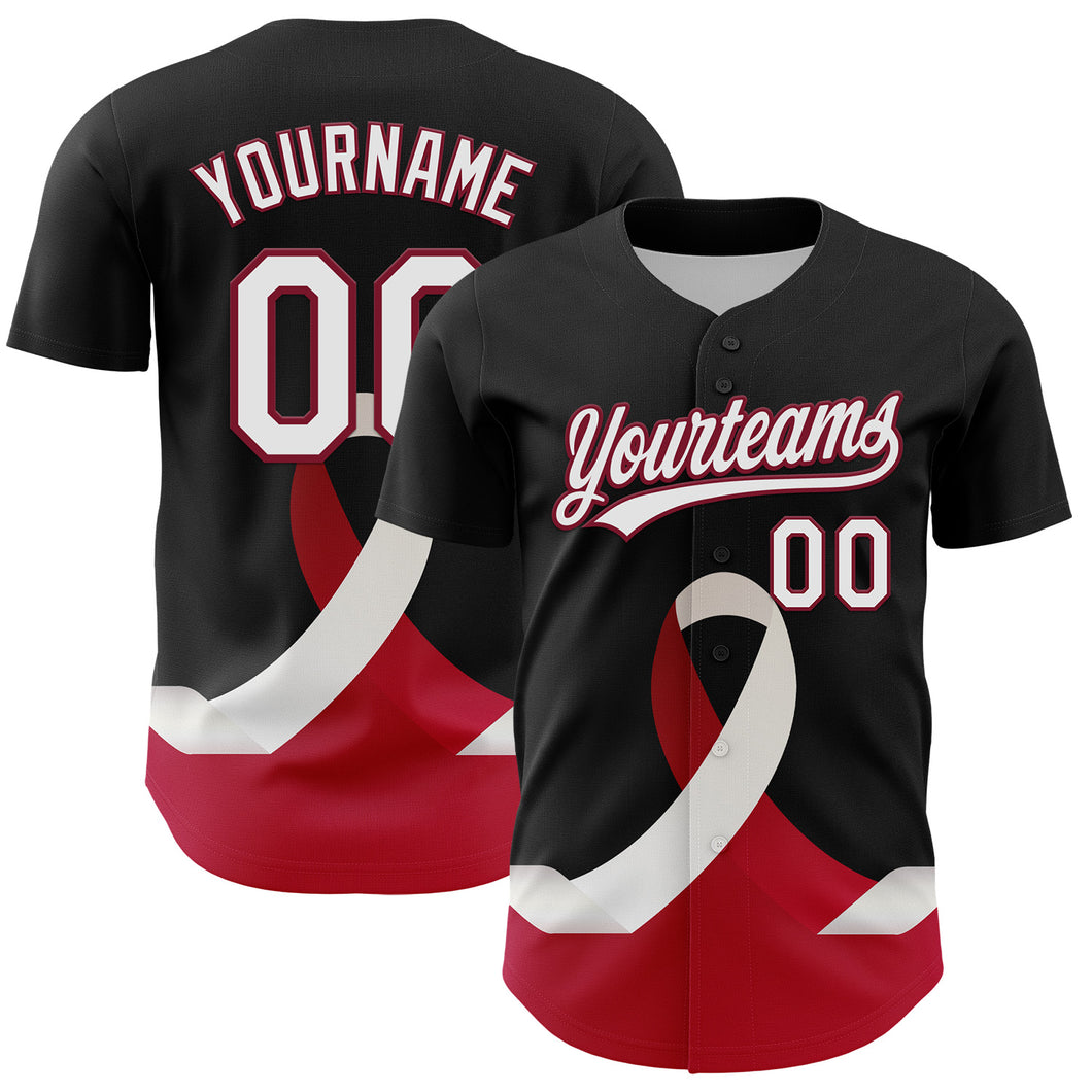 Custom Black White-Crimson 3D Head And Neck Cancer Ribbon Authentic Baseball Jersey