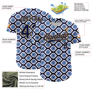 Custom White Navy-Old Gold 3D Pattern Design Evil Eyes Authentic Baseball Jersey