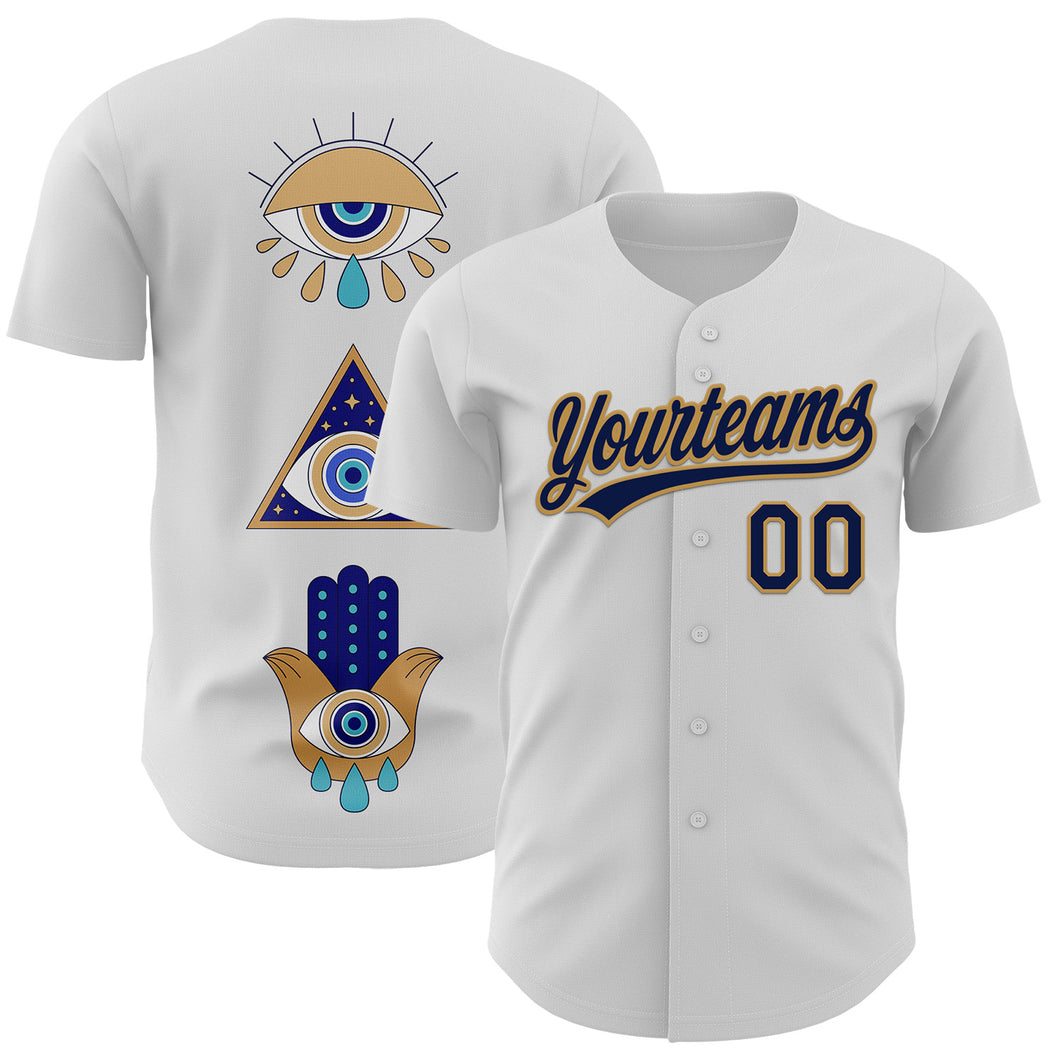 Custom White Navy-Old Gold 3D Pattern Design Evil Eyes Authentic Baseball Jersey