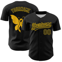 Load image into Gallery viewer, Custom Black Yellow 3D Childhood Cancer Gold Ribbon Authentic Baseball Jersey
