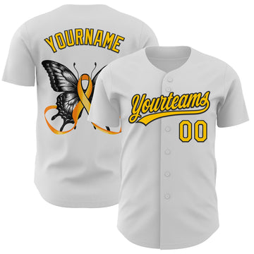 Custom White Yellow-Black 3D Childhood Cancer Gold Ribbon Authentic Baseball Jersey