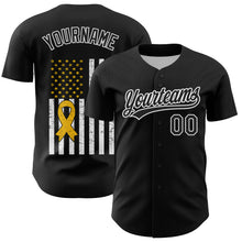 Load image into Gallery viewer, Custom Black White-Yellow 3D Childhood Cancer Gold Ribbon American Flag Authentic Baseball Jersey
