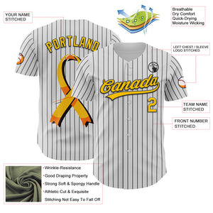 Custom White Black Pinstripe Yellow 3D Childhood Cancer Gold Ribbon Authentic Baseball Jersey