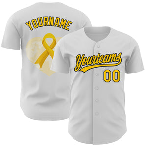 Custom White Yellow-Black 3D Childhood Cancer Gold Ribbon Authentic Baseball Jersey