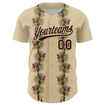 Custom Cream Brown 3D Tropical Hawaii Palm Tree And Bird Authentic Baseball Jersey