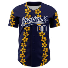 Load image into Gallery viewer, Custom Navy White 3D Tropical Hawaii Flower Authentic Baseball Jersey
