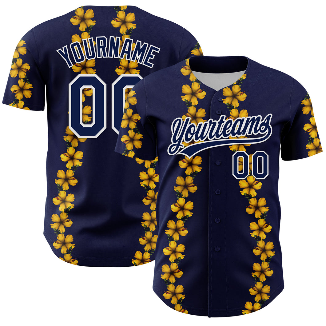 Custom Navy White 3D Tropical Hawaii Flower Authentic Baseball Jersey