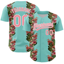 Load image into Gallery viewer, Custom Ice Blue Medium Pink-White 3D Tropical Hawaii Plant And Flamingo Authentic Baseball Jersey
