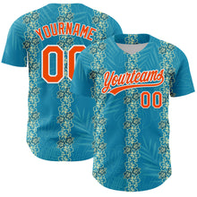 Load image into Gallery viewer, Custom Sky Blue Orange-White 3D Tropical Hawaii Jungle Leaves And Flower Authentic Baseball Jersey
