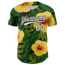 Load image into Gallery viewer, Custom Green White-Black 3D Tropical Hawaii Jungle Leaves And Flower Authentic Baseball Jersey
