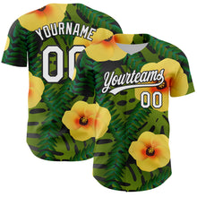 Load image into Gallery viewer, Custom Green White-Black 3D Tropical Hawaii Jungle Leaves And Flower Authentic Baseball Jersey
