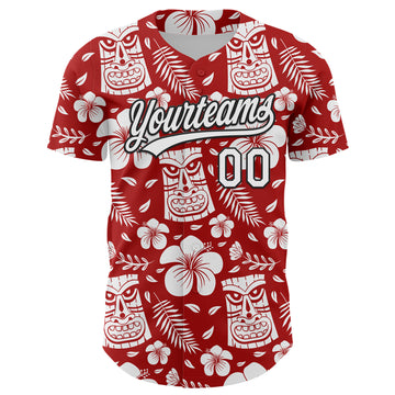 Custom Red White-Black 3D Tropical Hawaii Jungle Leaves Flower And Tiki Mask Authentic Baseball Jersey