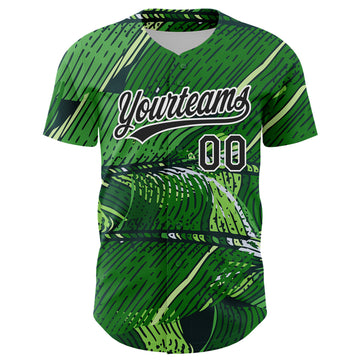 Custom Green Black-White 3D Tropical Hawaii Jungle Leaves Authentic Baseball Jersey