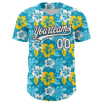 Custom Lakes Blue White-Black 3D Tropical Hawaii Jungle Leaves And Flower Authentic Baseball Jersey