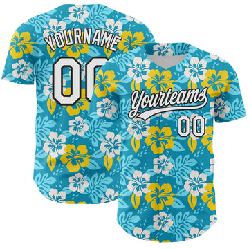 Custom Lakes Blue White-Black 3D Tropical Hawaii Jungle Leaves And Flower Authentic Baseball Jersey