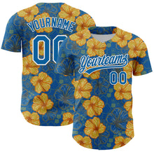 Load image into Gallery viewer, Custom Blue White 3D Tropical Hawaii Flower Authentic Baseball Jersey
