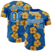 Load image into Gallery viewer, Custom Blue White 3D Tropical Hawaii Flower Authentic Baseball Jersey
