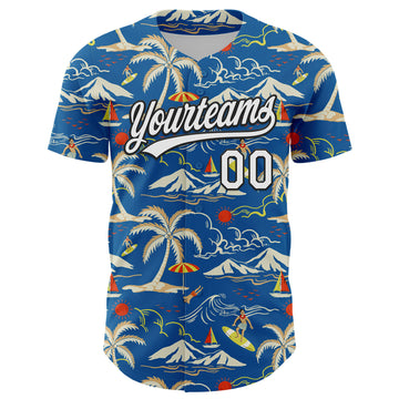 Custom Blue White-Black 3D Tropical Beach Island Hawaii Palm Tree Authentic Baseball Jersey