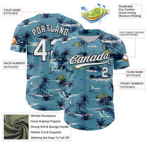 Custom Shadow Blue White-Black 3D Tropical Beach Island Hawaii Palm Tree Authentic Baseball Jersey