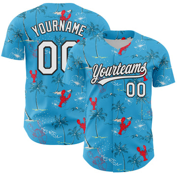 Custom Sky Blue White-Black 3D Tropical Beach Hawaii Palm Tree And Lobster Authentic Baseball Jersey