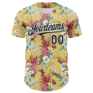 Custom Yellow Black-White 3D Hawaii Tropical Leaves Flower Pineapple Authentic Baseball Jersey