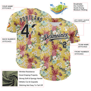 Custom Yellow Black-White 3D Hawaii Tropical Leaves Flower Pineapple Authentic Baseball Jersey