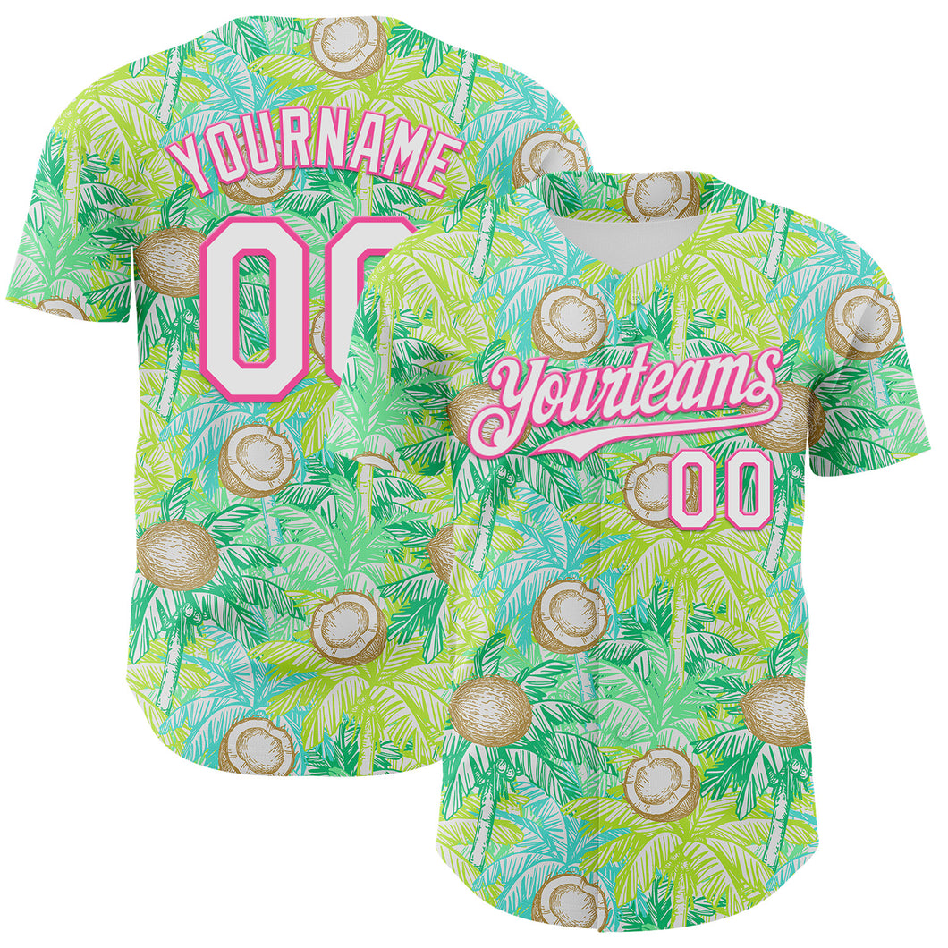 Custom White Pink 3D Hawaii Tropical Coconut Tree Authentic Baseball Jersey