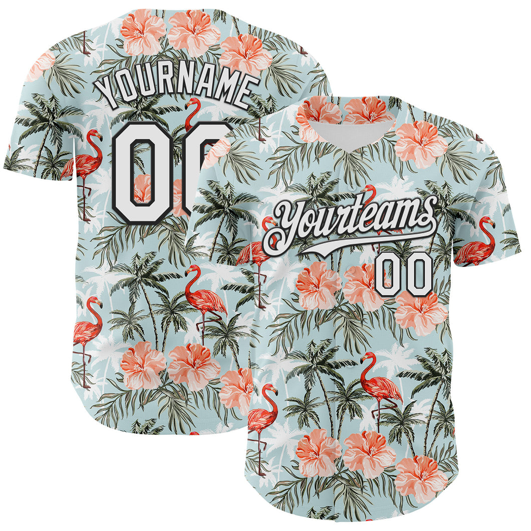 Custom Shadow Blue White-Black 3D Hawaii Tropical Palm Tree Flamingo Authentic Baseball Jersey