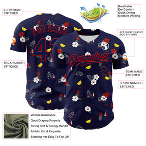 Custom Navy Red 3D Hawaii Tropical Leaves And Flowers Authentic Baseball Jersey