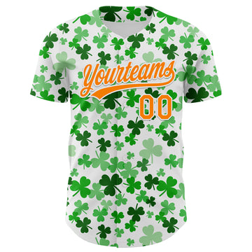 Custom White Bay Orange-Green 3D St. Patrick's Day Shamrock Authentic Baseball Jersey