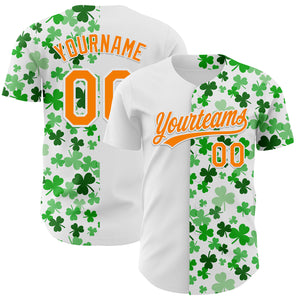 Custom White Bay Orange-Green 3D St. Patrick's Day Shamrock Authentic Baseball Jersey