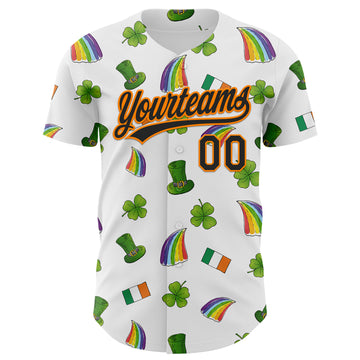 Custom White Black Bay Orange-Green 3D St. Patrick's Day Shamrock Authentic Baseball Jersey