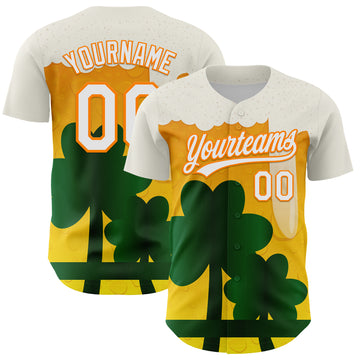 Custom White Bay Orange-Green 3D St. Patrick's Day Shamrock Beer Authentic Baseball Jersey