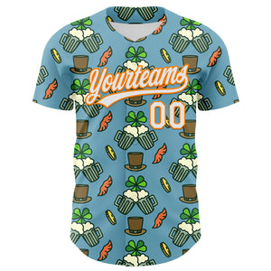 Custom Shadow Blue White-Bay Orange 3D St. Patrick's Day Shamrock Beer Authentic Baseball Jersey