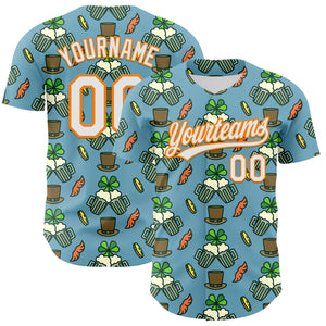 Custom Shadow Blue White-Bay Orange 3D St. Patrick's Day Shamrock Beer Authentic Baseball Jersey