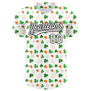 Custom White Black Green-Bay Orange 3D St. Patrick's Day Shamrock Authentic Baseball Jersey