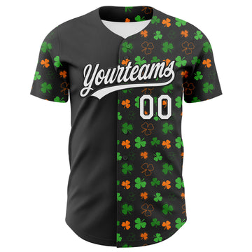 Custom Black Green-Bay Orange 3D St. Patrick's Day Shamrock Authentic Baseball Jersey