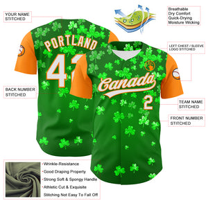 Custom Green White-Bay Orange 3D St. Patrick's Day Shamrock Authentic Baseball Jersey