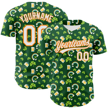 Custom Green White-Bay Orange 3D St. Patrick's Day Shamrock Beer Authentic Baseball Jersey