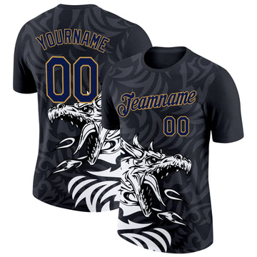 Custom Black Navy-Old Gold 3D Esports Performance T-Shirt