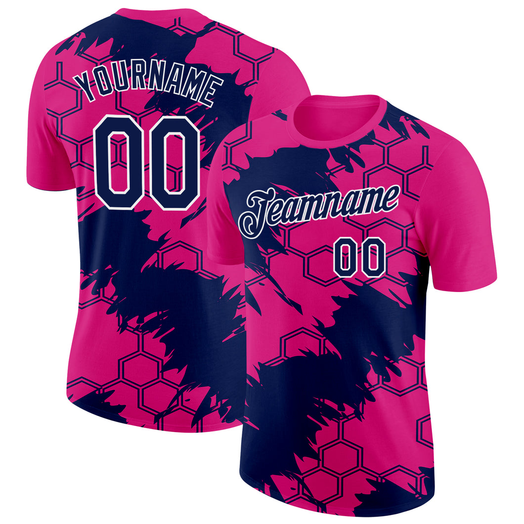 Custom Hot Pink Navy-White 3D Esports Performance T-Shirt