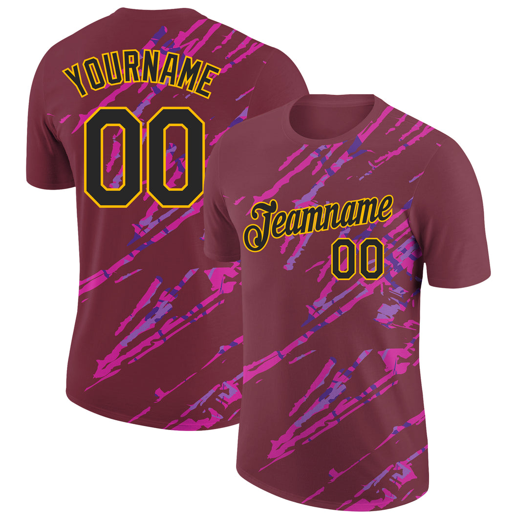 Custom Burgundy Black Gold-Deep Pink 3D Esports Performance T-Shirt