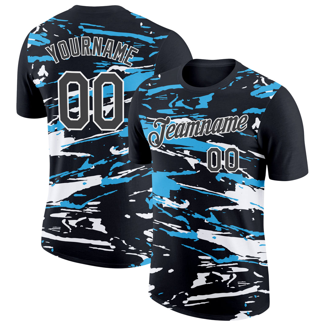 Custom Black Steel Gray-Sky Blue 3D Esports Performance T-Shirt