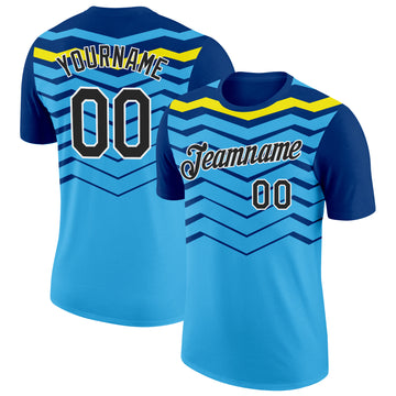 Custom Sky Blue Black US Navy Blue-Light Yellow 3D Esports Performance T-Shirt